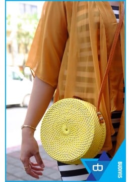 wholesale bali Yellow Rattan Bag With Leather Strap, Fashion Bags