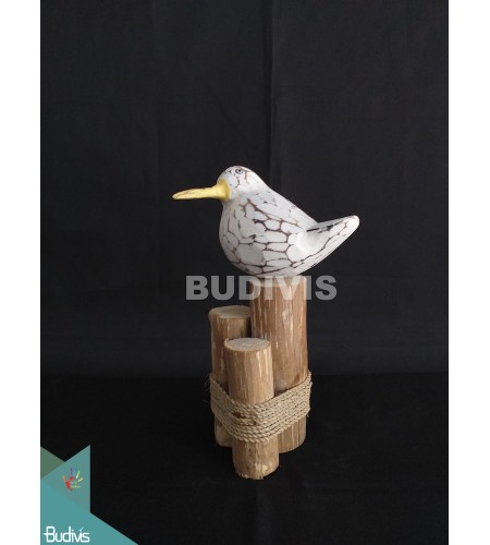 Figurine Decorative Wooden Seagull Bird Carving on Log Wood Rustic Hand Painted