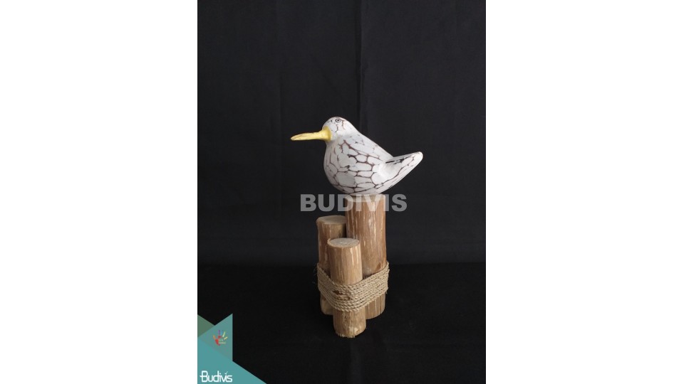 Figurine Decorative Wooden Seagull Bird Carving on Log Wood Rustic Hand Painted