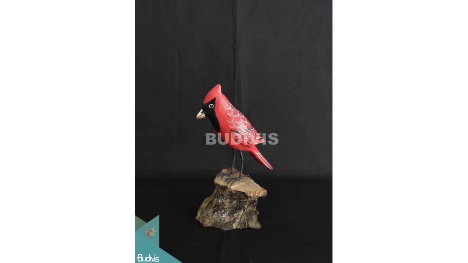 Wholesale Figurine Realistic Wooden Bird Virginia Cardinal Sculpture from Bali Hand Painted Garden Decor