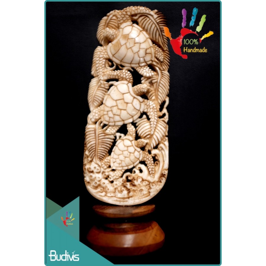 Bali Hand Carved Bone Turtle Scenery Ornament Top Model