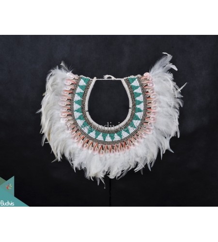 White Feather Primitive Shell Decoration Tribal Necklace Beadwork Standing Interior