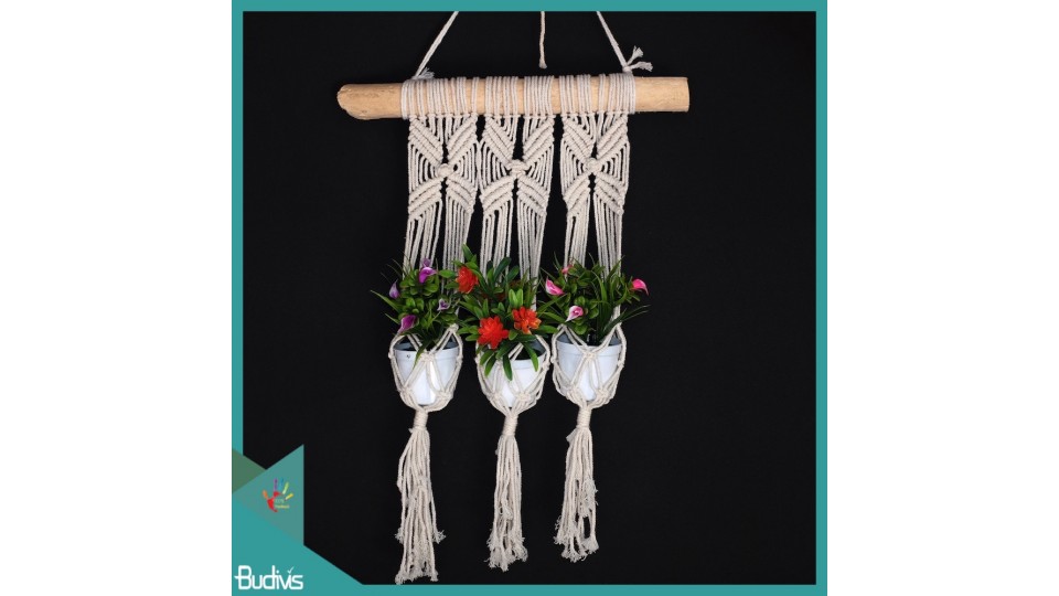 Affordable Triple basket Rope Handwoven Wood Hanging Macrame Pot Planter