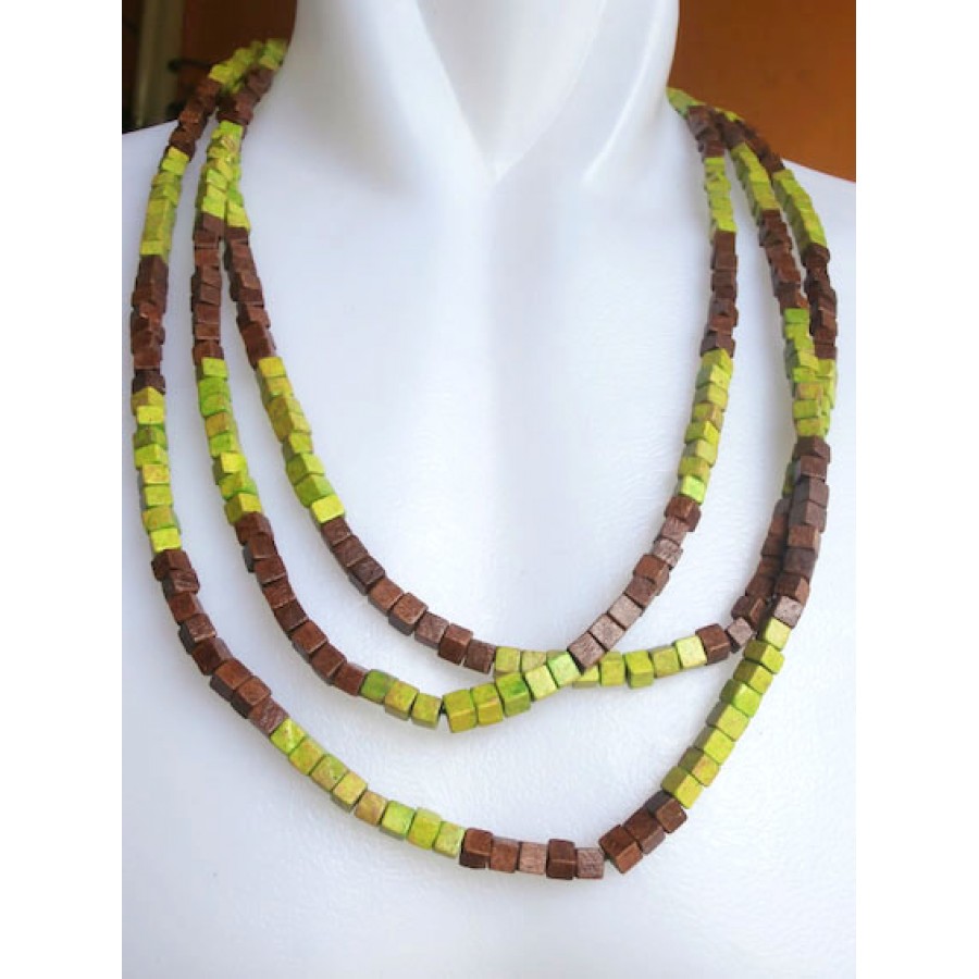 Beaded Wood Square Necklace