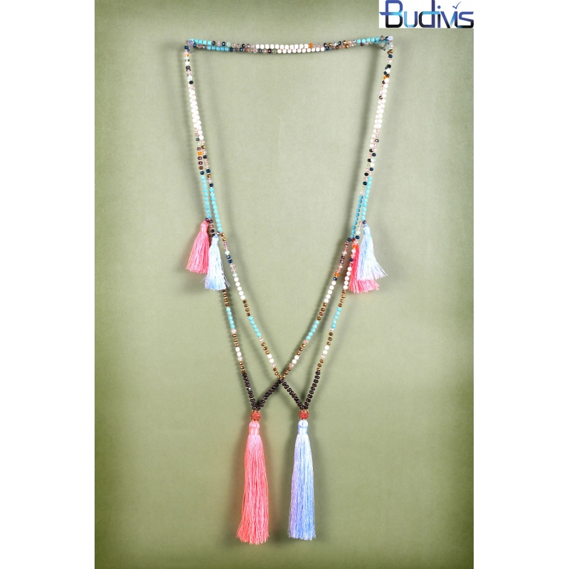 Long Beaded Gems Tassel Necklace