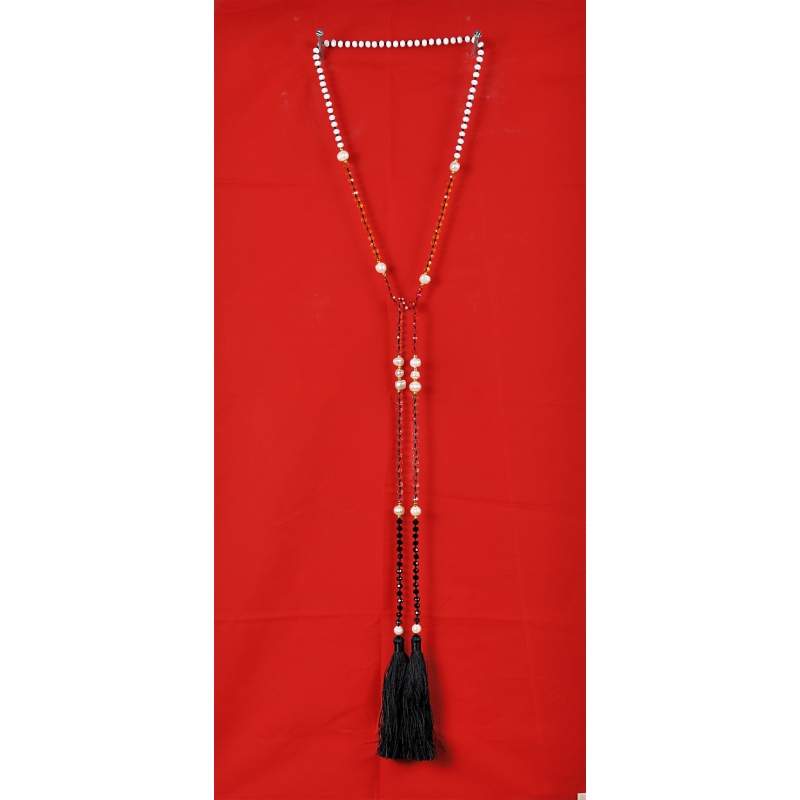 Long Beaded Lariat Tassel Necklace with Pearl