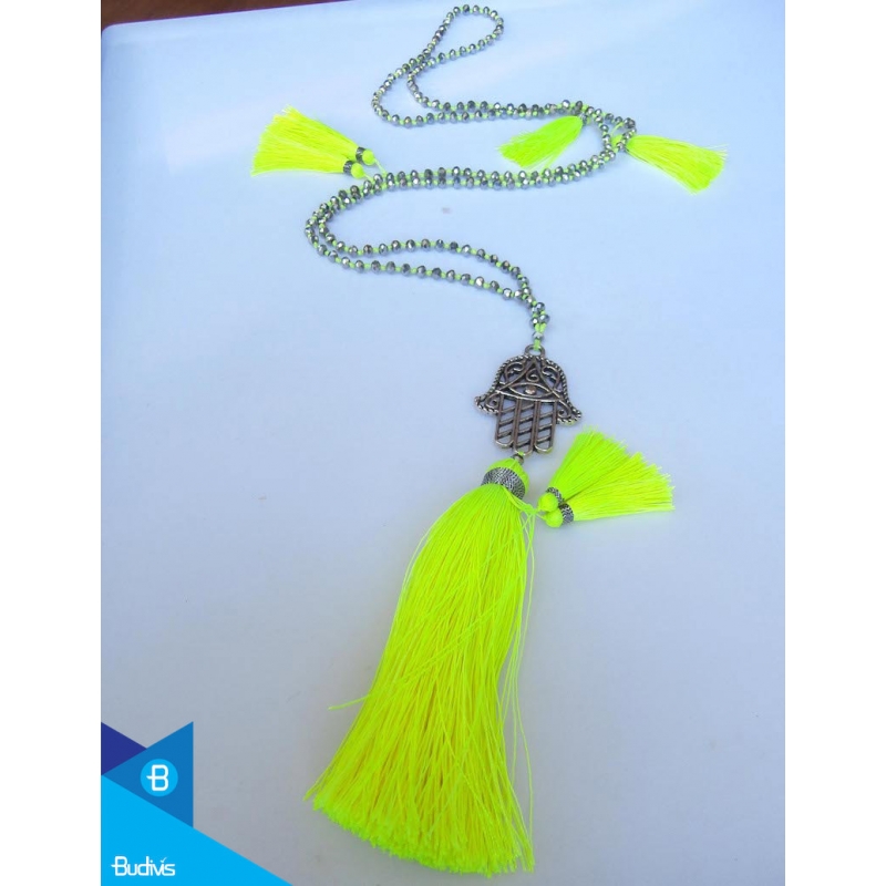 Hand Knotted Long Cristal Tassel Necklaces With Hamsa