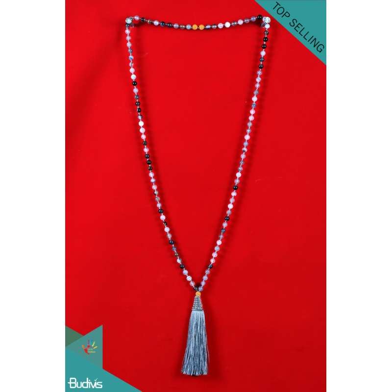 Export Quality Mala 108 Grey Agate Long Hand Knotted Necklace