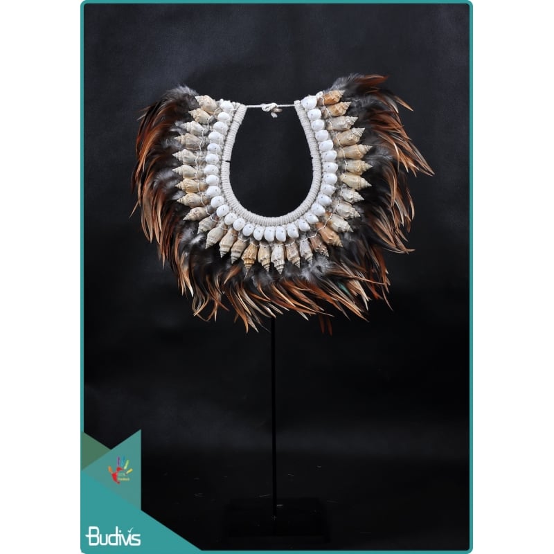 Indonesia Tribal Necklace Feather Shell Decorative On Stand Home Decor Interior