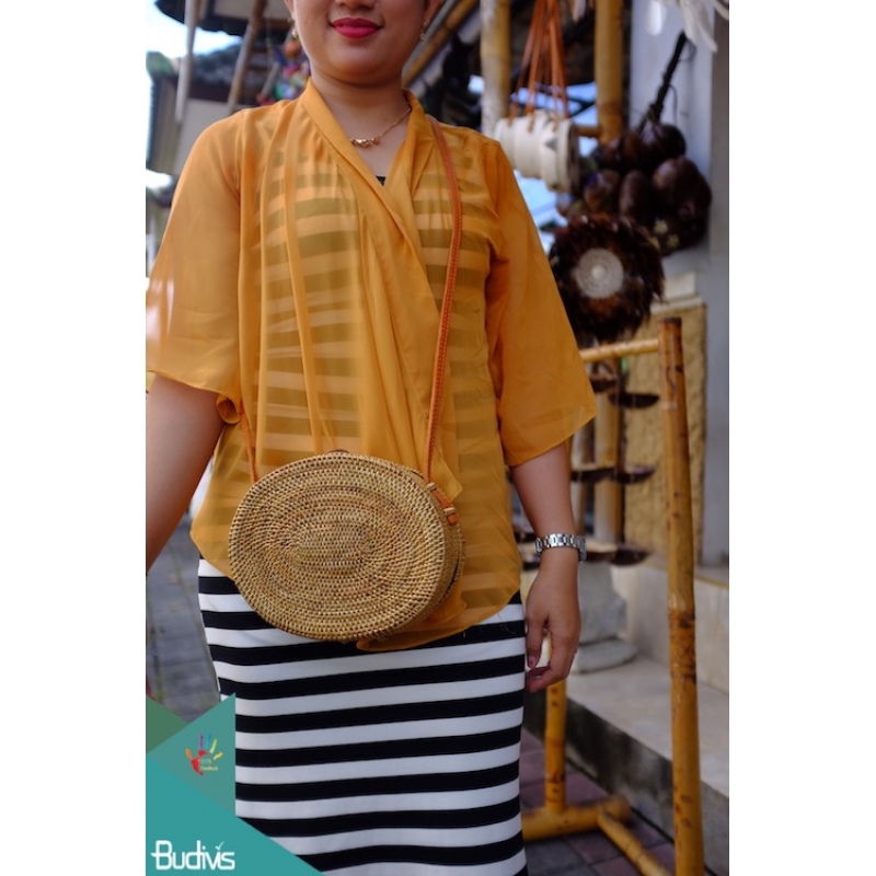 Natural Oval Rattan Bag With Leather Strap
