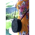 Black Rattan Bag Rounded With Leather Strap