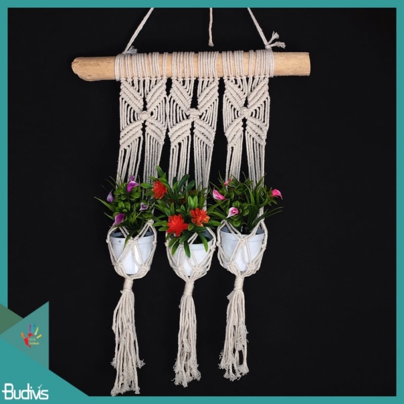 Affordable Triple basket Rope Handwoven Wood Hanging Macrame Pot Planter