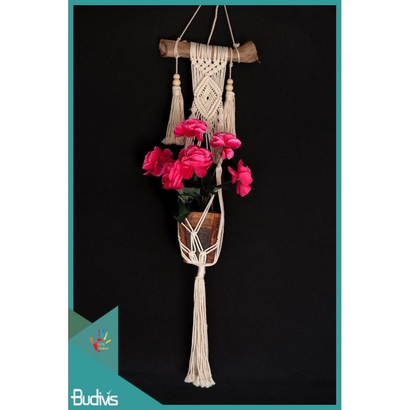 Wholesale Rope Handwoven Hanging Macrame Pot Planter With Drift Wood