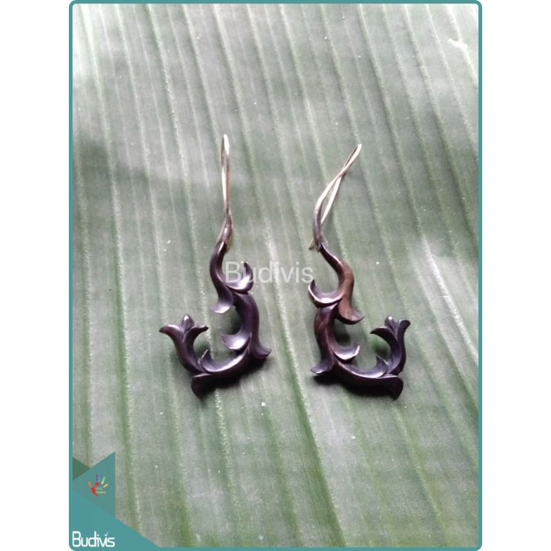 Floral Wooden Earrings  Sterling Silver Hook 925