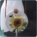 Single Sunflower Hand Painted Rattan Round Bag