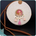 White Round Rattan Bag With Pink And White Dreamcatcher