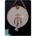 White Round Rattan Bag With Pink And Brown Dangling Dreamcatcher