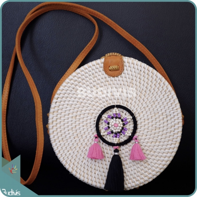 White Round Rattan Bag With Black And Pink Dreamcatcher