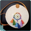 White Round Rattan Bag With Rainbow Colour Dreamcatcher