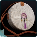 White Round Rattan Bag With Pink Dreamcatcher With Beads
