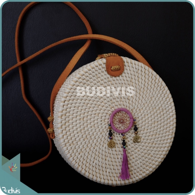 White Round Rattan Bag With Pink Dreamcatcher With Beads