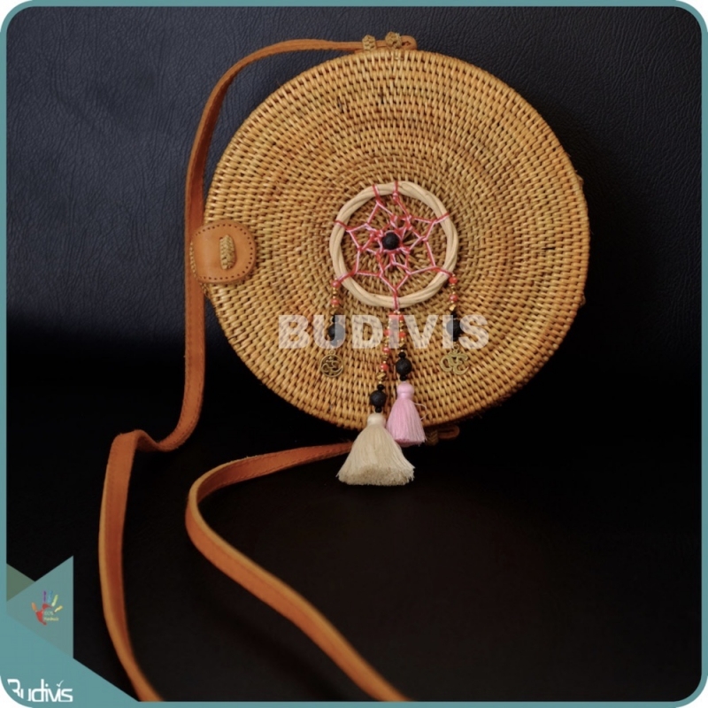 Natural Solid Round Rattan Bag With Mini Dreamcatcher