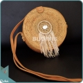 Natural Solid Round Rattan Bag With Brown Dangling Dreamcatcher