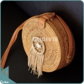 Natural Solid Round Rattan Bag With Brown Dangling Dreamcatcher