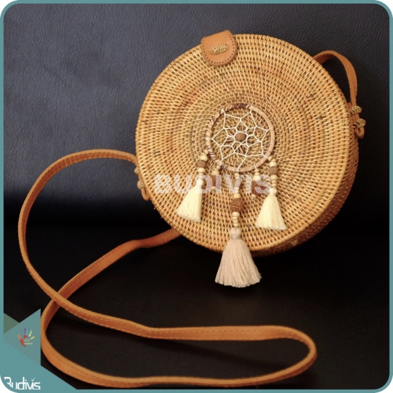 Natural Solid Round Rattan Bag With Beads Mini Dreamcatcher