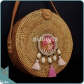 Natural Solid Round Rattan Bag With Pink And White Mini Dreamcatcher