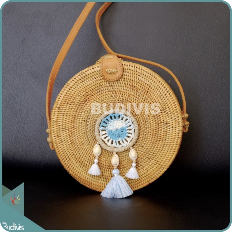 Natural Solid Round Rattan Bag With Blue And White Mini Dreamcatcher