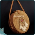 Natural Solid Round Rattan Bag With Rattan Mini Dreamcatcher