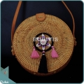 Natural Solid Round Rattan Bag With Black And Pink Dreamcatcher