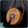 Natural Solid Round Rattan Bag With Black And Pink Dreamcatcher