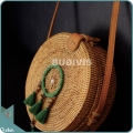 Natural Solid Round Rattan Bag With Green Dreamcatcher