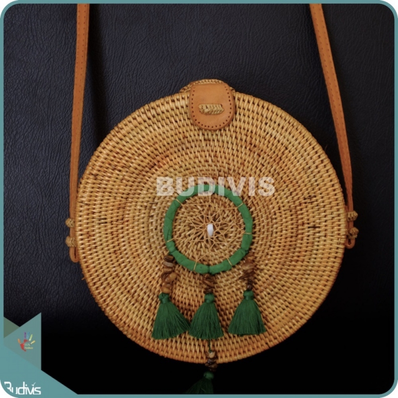 Natural Solid Round Rattan Bag With Green Dreamcatcher
