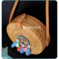 Natural Solid Round Rattan Bag With Multi Colour Dreamcatcher