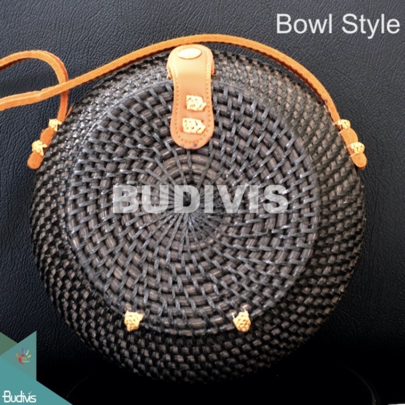 Bowl Style Black Rattan Bag With Leather Strap