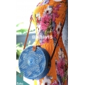Hand Woven Blue Rattan Bag With Flower Pattern