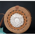 Natural Round Rattan Bag With Shell Ornament And Hand Woven
