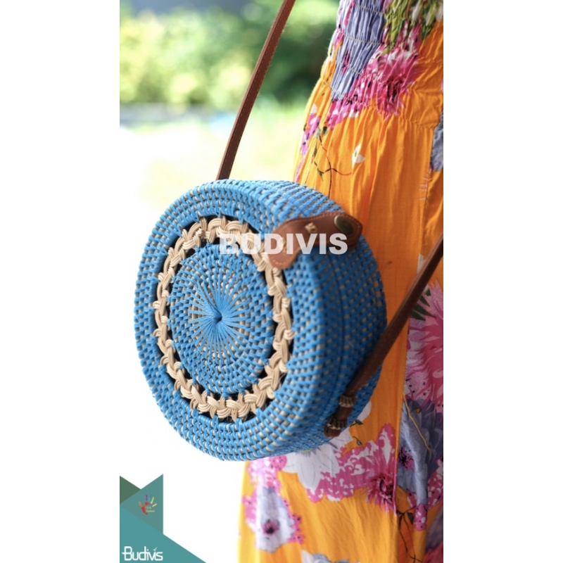 Blue Rattan Bag With Crème Hand Woven