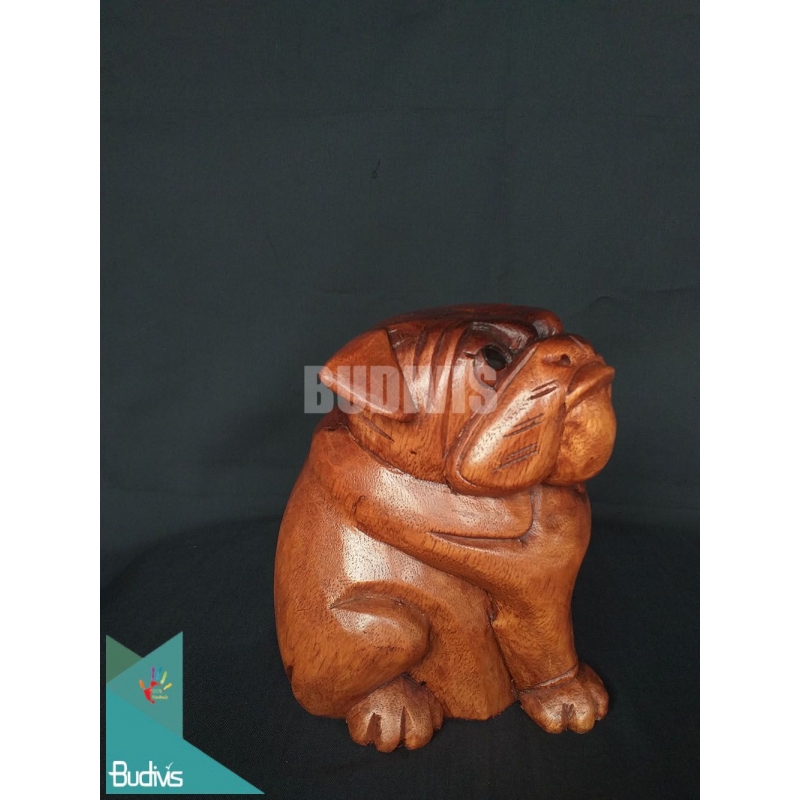 Indonesia Wood Carved Sitting Bulldog In Handmade