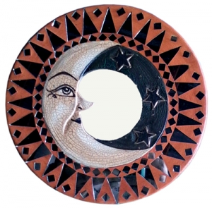 Antique Mirror Moon Circle, Antique Mirror Moon Glass Mosaic, Antique Moon Glass Mosaic Wooden Hand Carved Mirror, Glass Moon Mosaic Wall Mirror, Vintage Celestial Glass Moon Mosaic Wooden Mirror