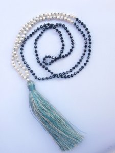 Long Crystal Mini Pearl Tassel Necklace