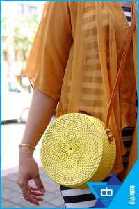 Yellow Rattan Bag With Leather Strap
