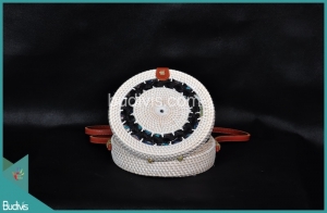 Manufactured Round Bag White Synthetic With Tribal Circle Rattan