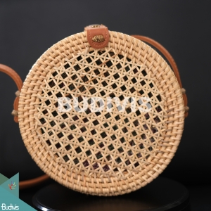 Round Brown Woven Net Bali Rattan Bag