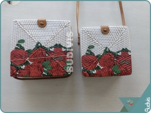 Hand Painted Red Roses Rattan Square Sling Bag