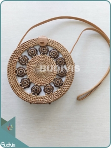 Handwoven Round Rattan Bag With Coconut Deco Shell Decoration