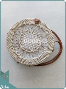 Cream Sunflower Hand-Woven Pattern Round Rattan Bag